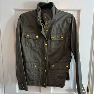 j.Crew oiled canvas jacket, olive green color with gold hardware